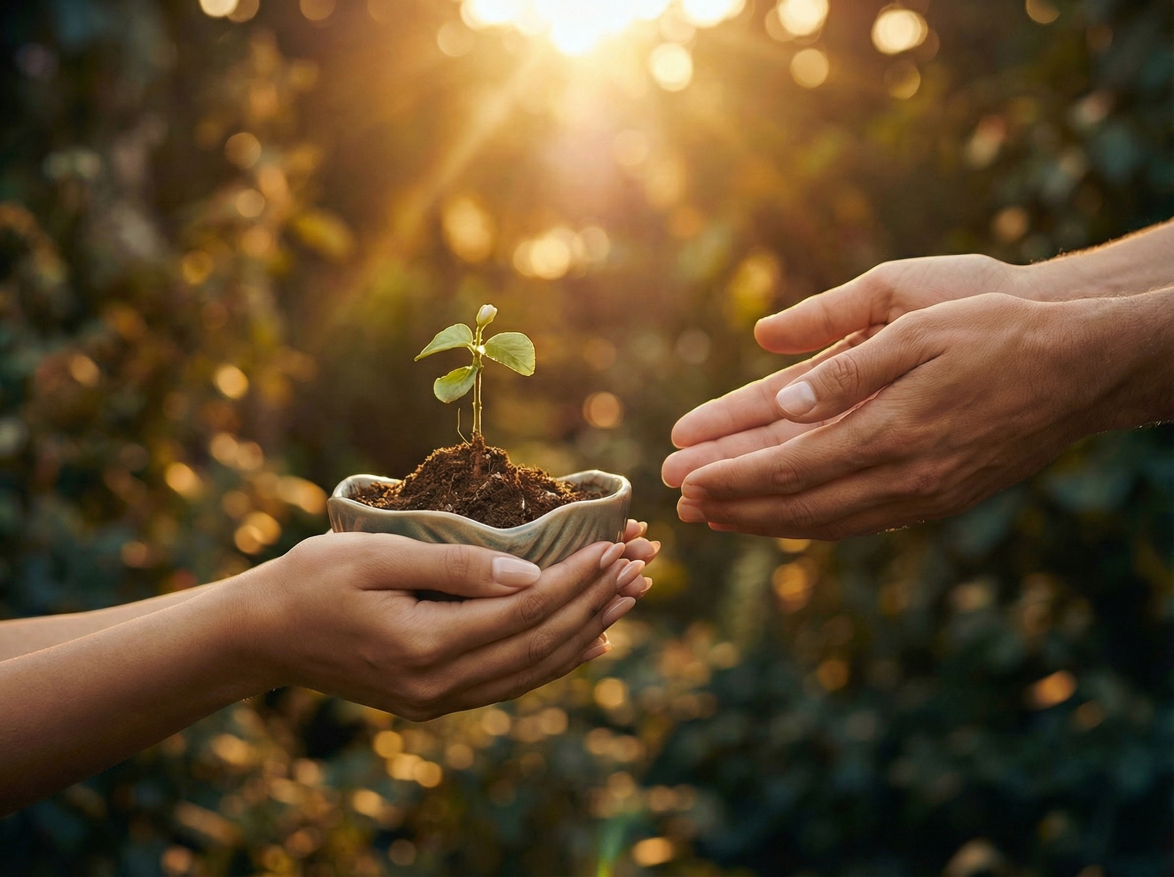 Hands nurturing a growing plant seedling